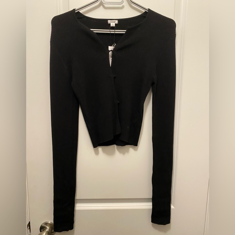 Garage Black Button Up Ribbed Cropped Cardigan